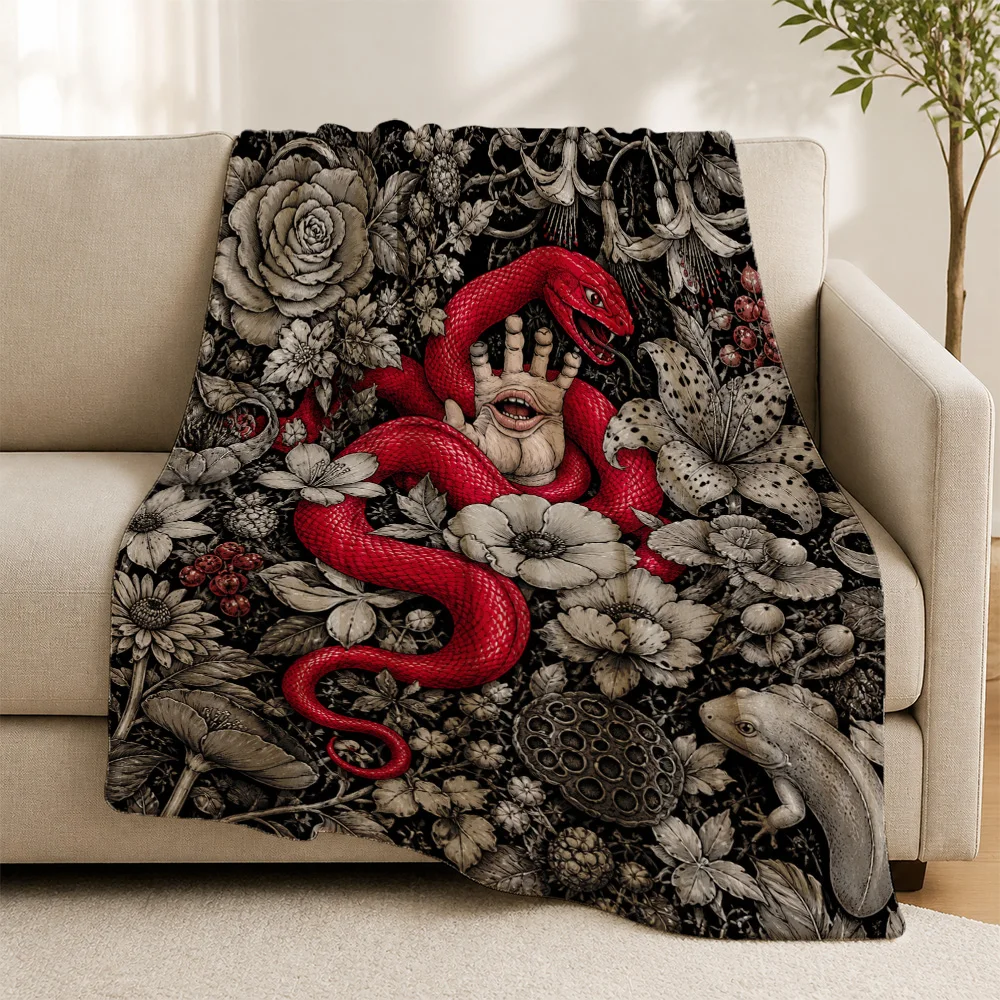 Decorative Gothic Floral Print Throw Blanket for Couch Sofa Living Room Art Victorian Style Plush Snake Pattern Home Decor Luxur