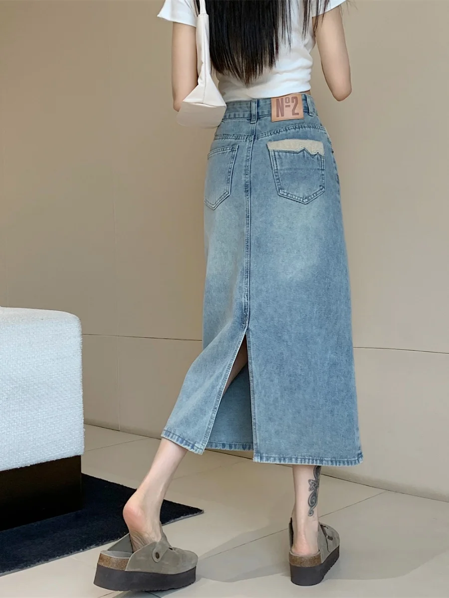 

Джинсовая юбка А-силуэта с высокой талией для женщин больших размеров, облегающая, средней длины, с разрезом, в корейском стиле, однотонная, для повседневной носки