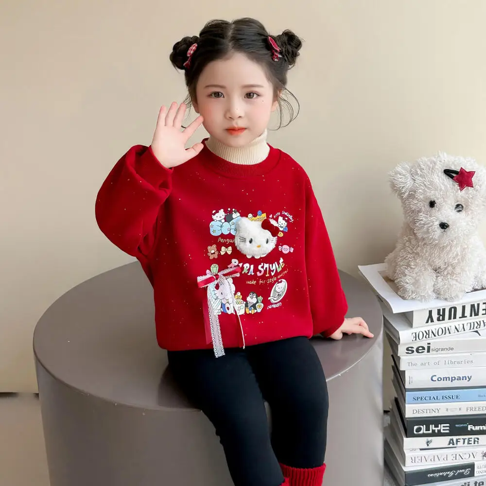

Sanrio Hello Kitty, новогодняя зимняя флисовая толстовка для девочек, кавайная новая детская утолщенная рубашка с героями мультфильмов, повседневный топ