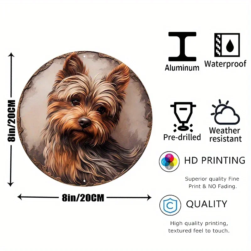 Aluminum Metal Sign Bronze Sculpture Of Yorkie Terrier On A Circular Plate, Three-dimensional Effect, Wall Home Decoration