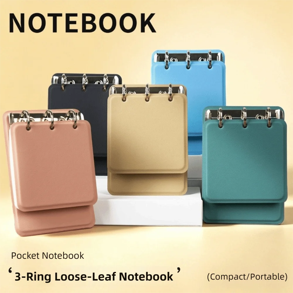 Mini 3-Ring Binder Loose-Leaf Notebook PU Leather Cover Portable Pocket Journal Refillable Notepad Students