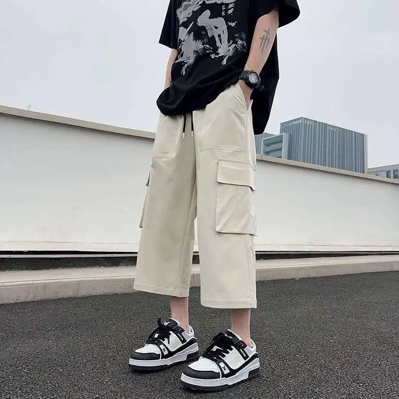 Summer Casual Pants Men Fashion Pocket Cargo Pants Men Japanese Streetwear Hip-hop Loose Wide Leg Pants Mens Cropped Pants