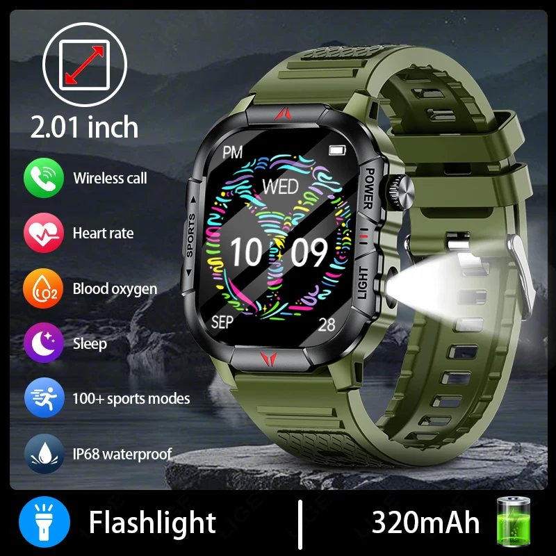 

LIGE LED Flashlight Men Smart Watch Waterproof Watches 2.01-inch HD Screen Health Bracelet Military Outdoor Sport Smartwatch Man