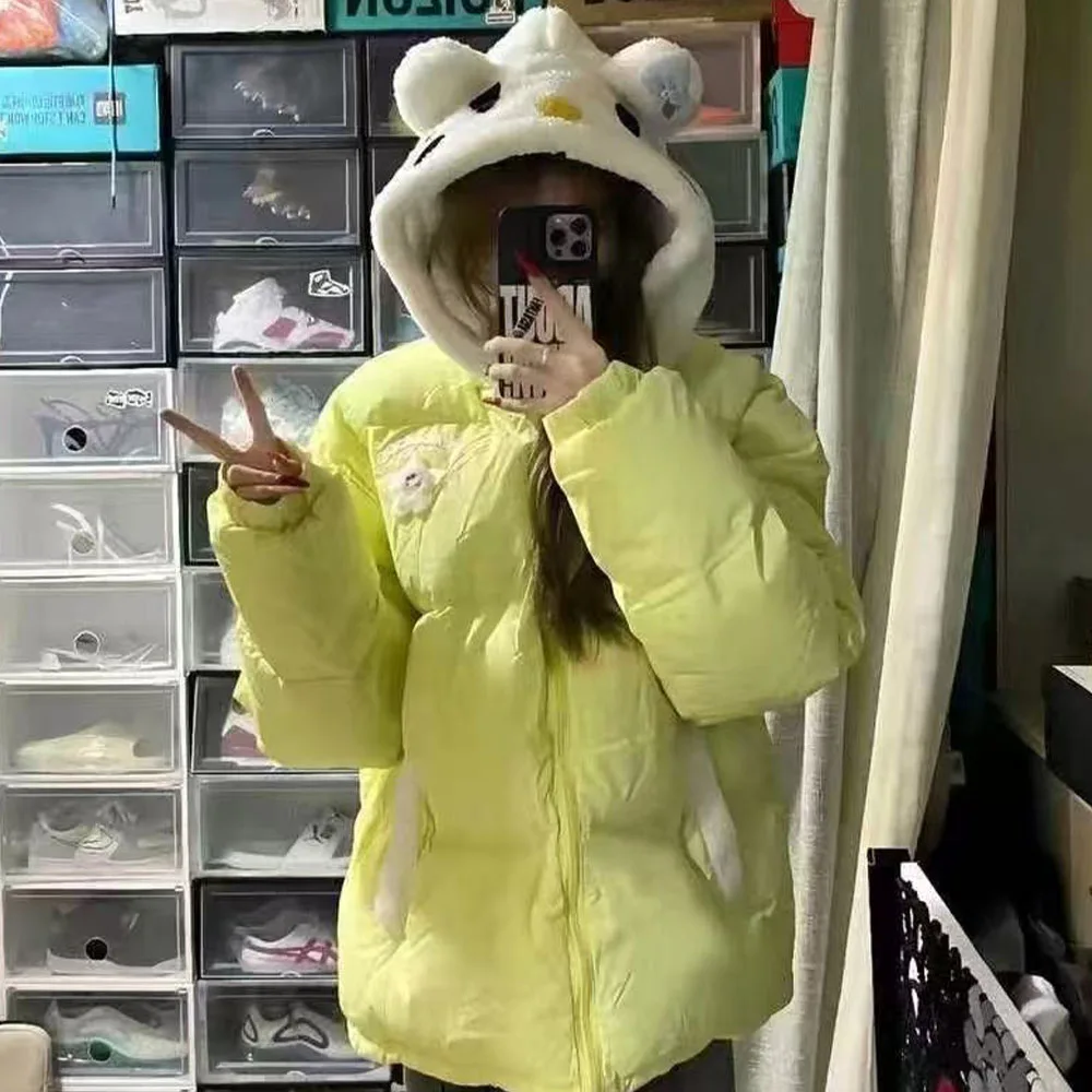 

Kwaii Women Cotton Jacket Sweet Soft Hello Kitty Down Jacket New 2025 Women Winter Thickened Coat Cute Loose Warm Hooded Tops