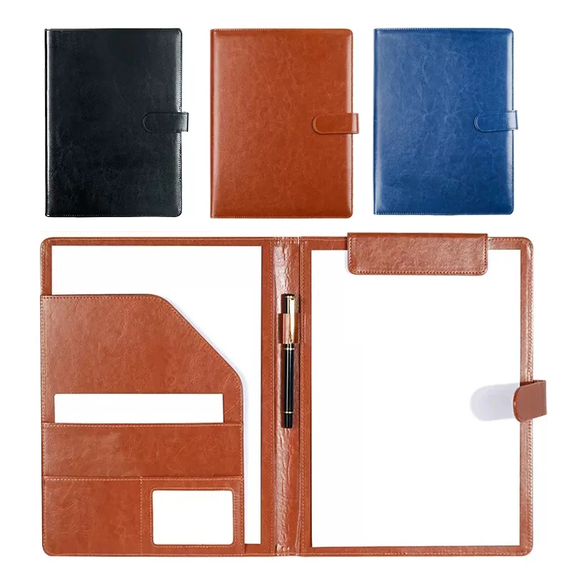 A4 Leather Padfolio Portfolio File Folder Clipboard Document Clip Organizer Business Magnetic Clamp Writing Pad Black for Office