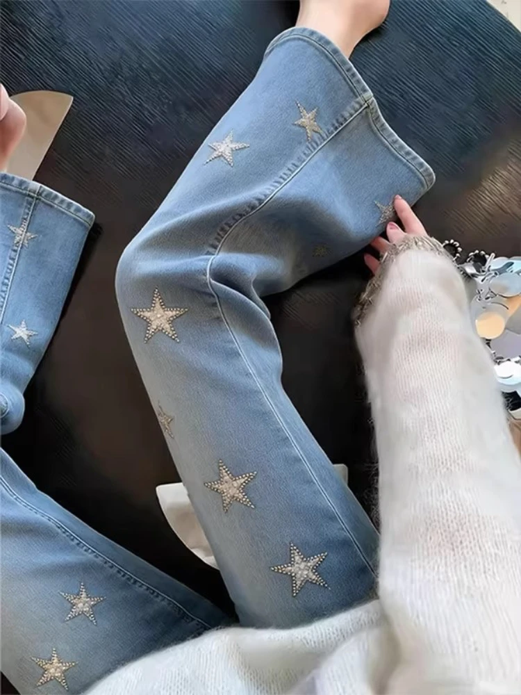 Blue Star Embroidered Slim Fit Jeans Women's Summer 2026 High Waist Nine Points Micro Flare Casual Style Versatile Slimming J...