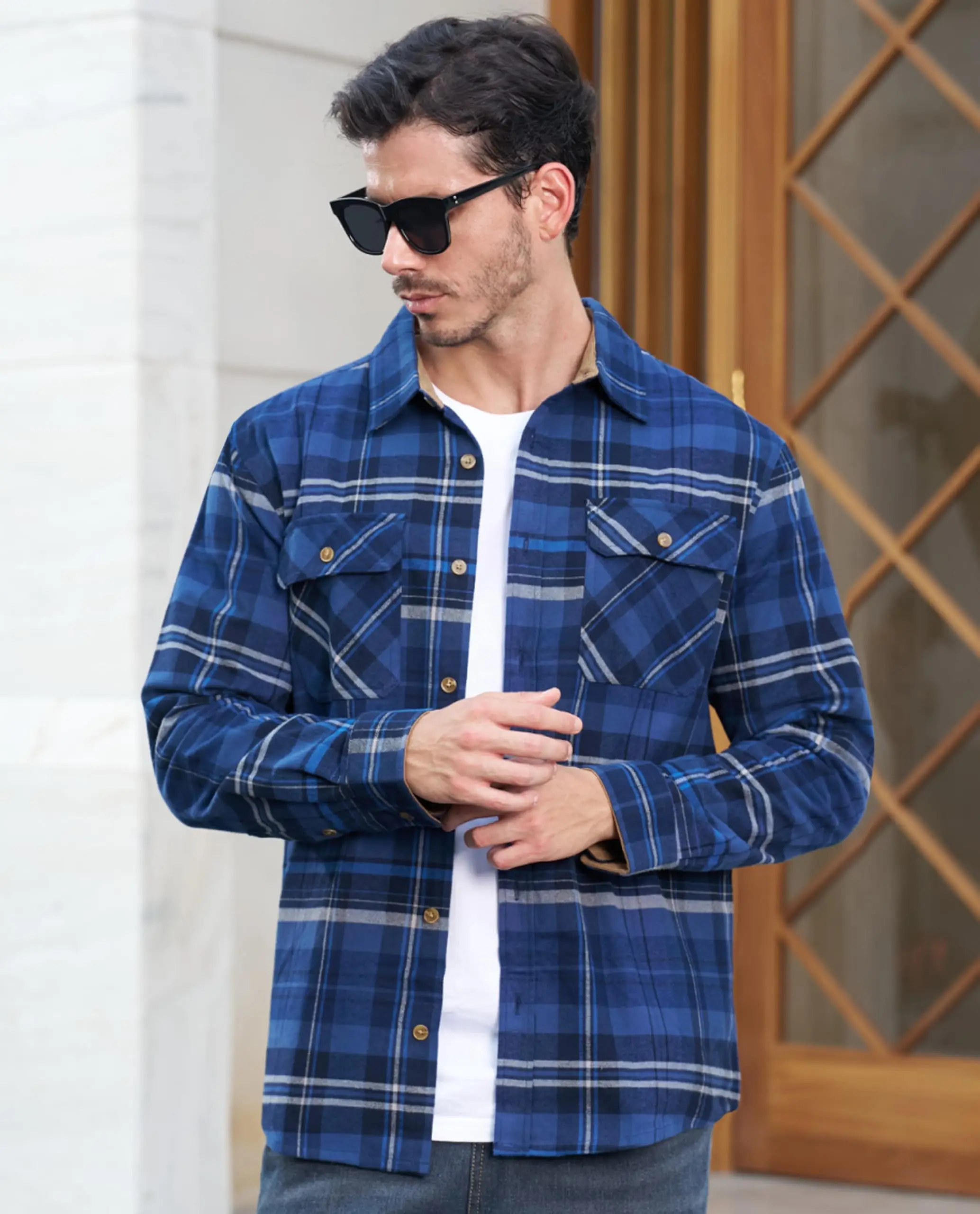MAGCOMSEN Men's Cotton Flannel Shacket Plaid Shirt Long Sleeve Corduroy Collar 2 Chest Pockets Casual Work Overshirt Outdoor