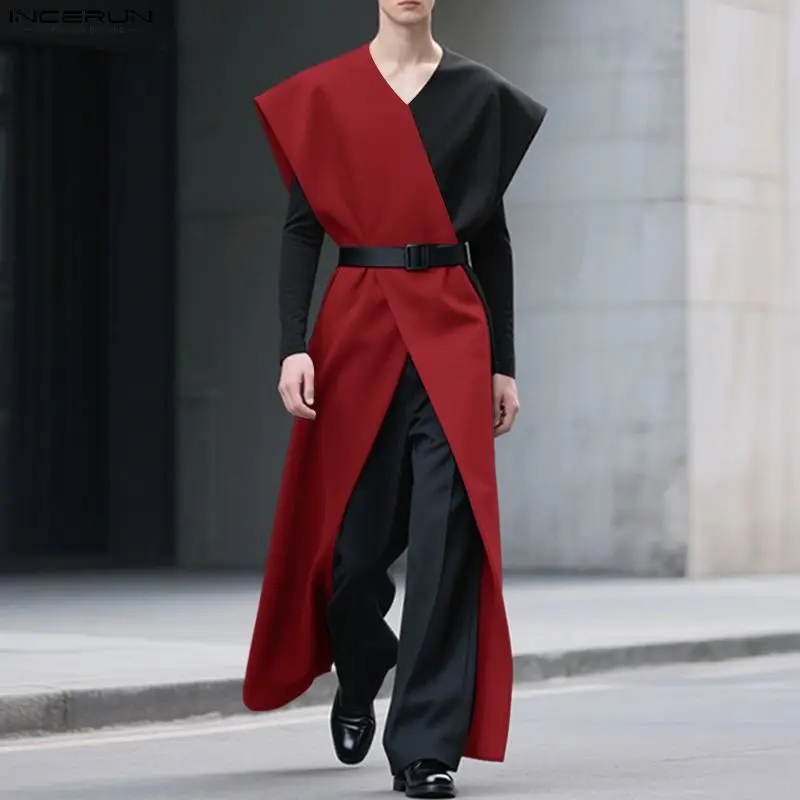 INCERUN Men Long Style Vests Patchwork V Neck Sleeveless Fashion Irregular Waistcoats Men Streetwear Casual Male Vests S-5XL