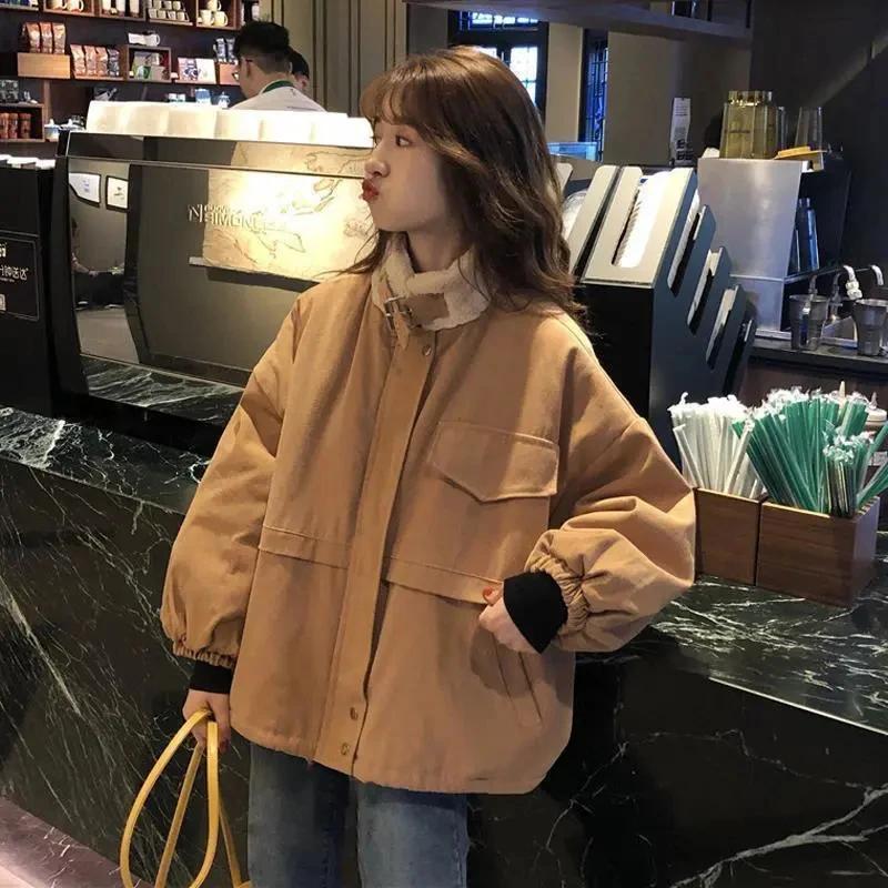 

Women Vintage Cargo Parkas Autumn Winter Korean Preppy Loose Casual Thick Coats Student Stand Collar Zipper Streetwear Outwear