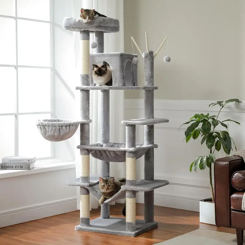 

Cat Tree for Indoor Large Cats, Tall Cat Tower for Famm Trees with Scratching Posts, Condo House and Large Top Perch,Grey