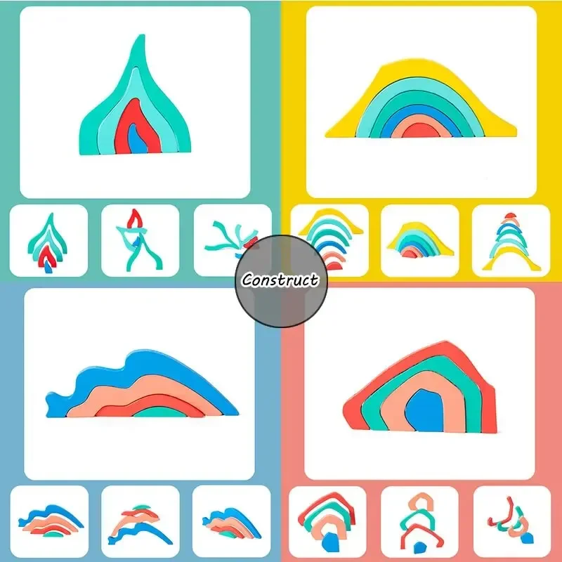 Kinderen Regenboog Houten Bordspel Houten Speelgoed Parochie Kleur Cognitieve 3D Constructor Zintuiglijk Spel Voor Kinderen