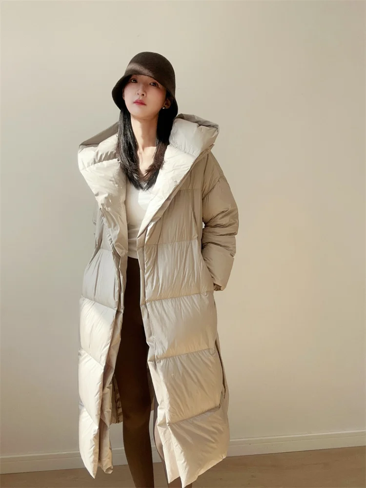 Manteau long en duvet de canard pour femme avec ceinture, veste chaude à capuche, vêtements de neige minces, monochromatique, faux 2 pièces élégants, mode 90%