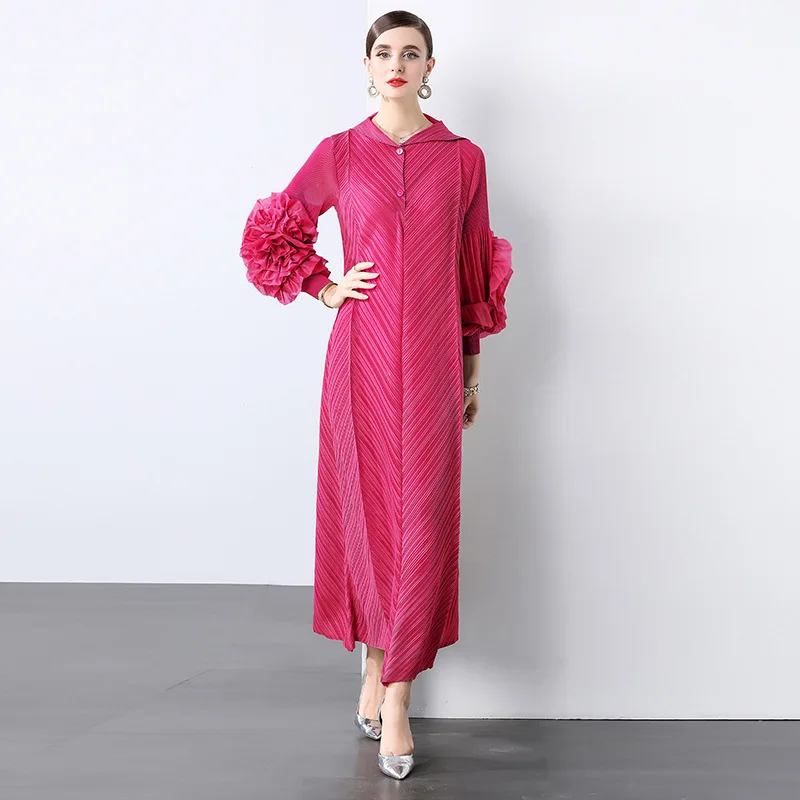 Sukienka plisowana Miyake damska 2025 nowa plisowana sukienka z długim rękawem modna trójwymiarowa kwiatowa temperamentna spódnica średniej długości