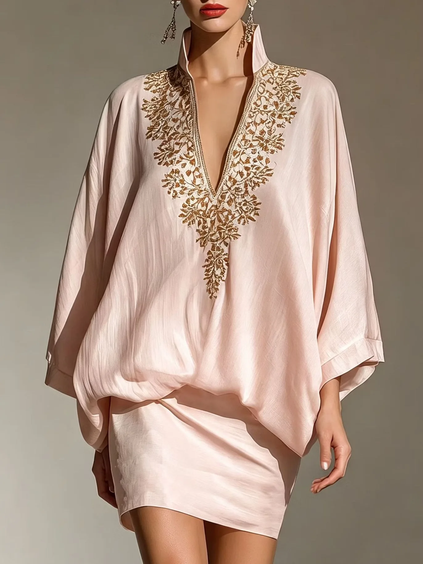 MsChuh Womens Matching Sets Stand Collar Gold Embroidery Batwing Sleeve Miniskirt 2 Piece Outfit Conjuntos Holiday Party Outfits