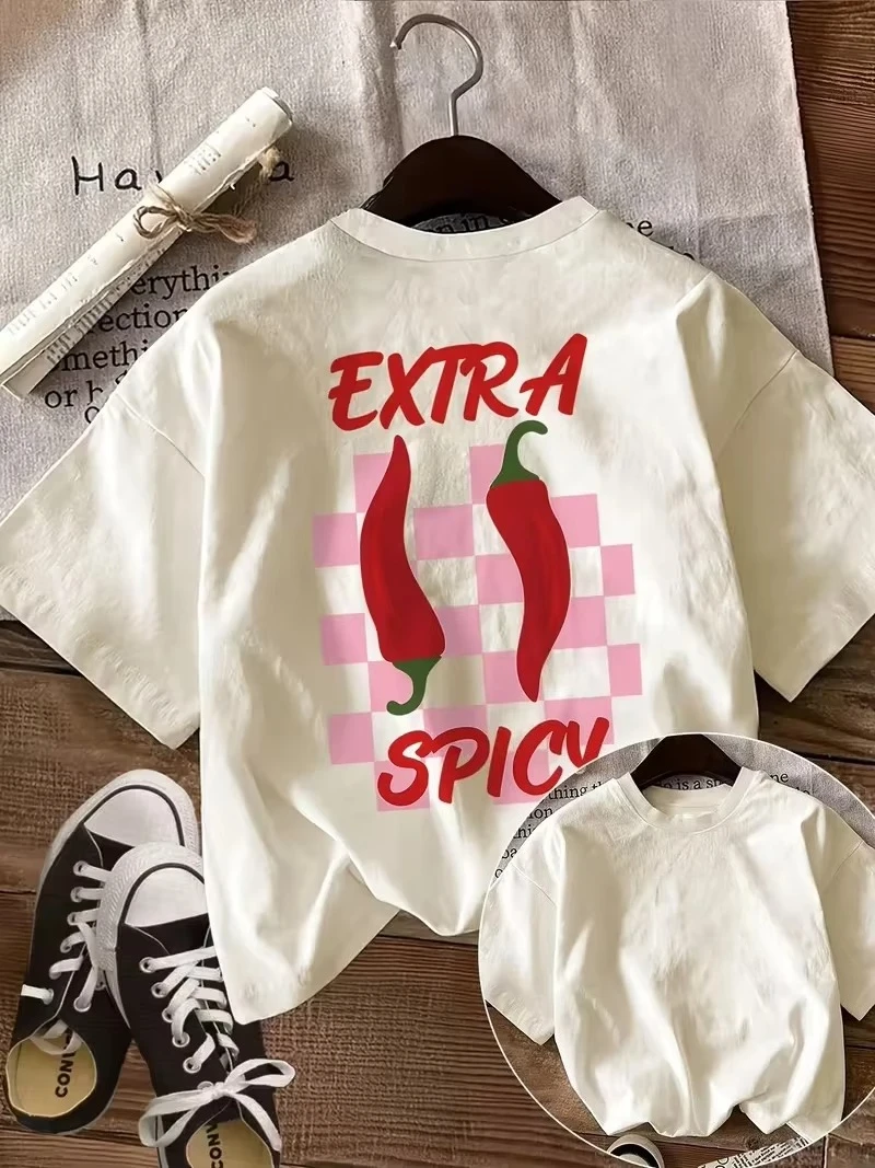 Extra Spicy Chili Print T-shirt Crew Neck Short Sleeve Graphic Tops Tees Vintage Casual Daily Streetwear Female Clothing