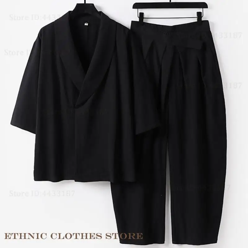 

BIG SIZE Male Kimono Cardigan Pants Set Chinese Style Cotton Linen Hanfu Suit Harajuku Kimono Yukata Haori Bathrobe Loose Jacket