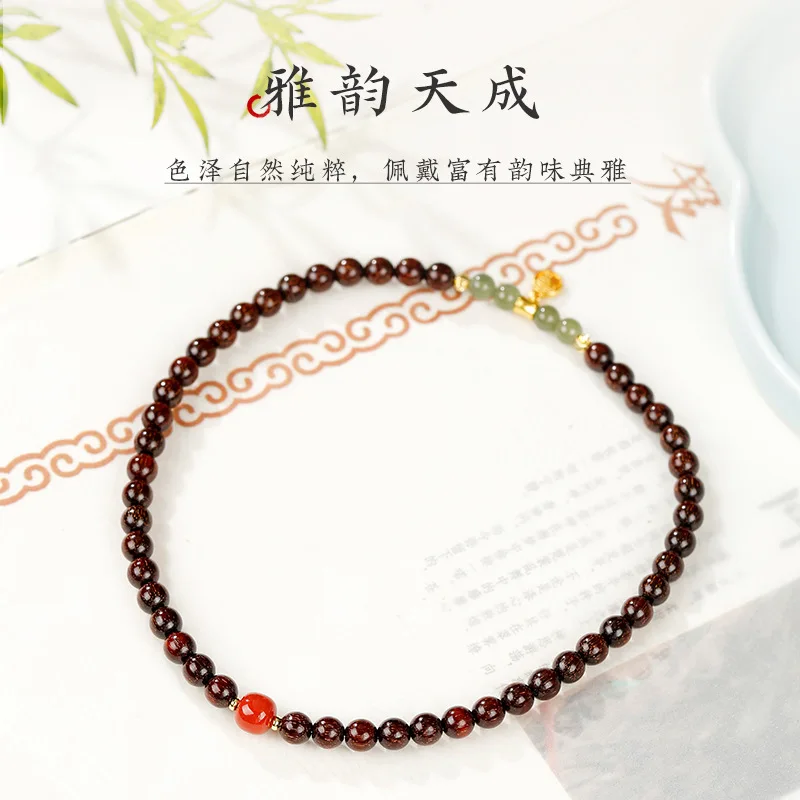 New Chinese Style Small Leaf Rosewood & Hetian Jade Double Layer Bracelet with South Red Agate, Women's Gift