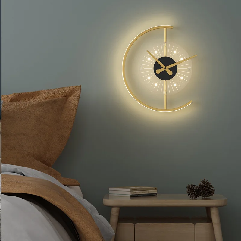 Lámpara de pared de reloj nórdico para sala de estar, Fondo de dormitorio, mesita de noche, Relojes de pared de celebridades de Internet simples y modernos, luz de candelabro, nuevo