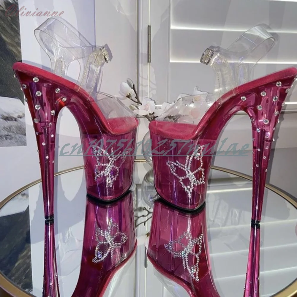 

Туфли-слиперы на платформе с кристаллами и бабочками, розовые, на высоком каблуке-шпильке, с блестящими кристаллами и зеркальным эффектом, для танцев, женские, 2026