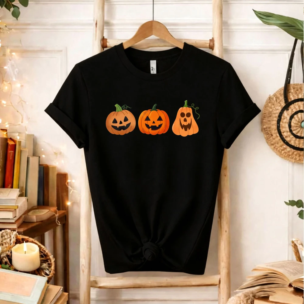 Cute Three Pumpkin Jack‑o‑Lantern Graphic T‑Shirt Men Women Classic Halloween Pumpkin Face Autumn Fall Holiday Casual Party Tops