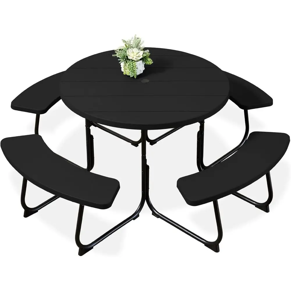

Circular 8-Seat Outdoor Patio Table with 4 Attached Benches and Umbrella Hole, 2000lb Capacity, Black