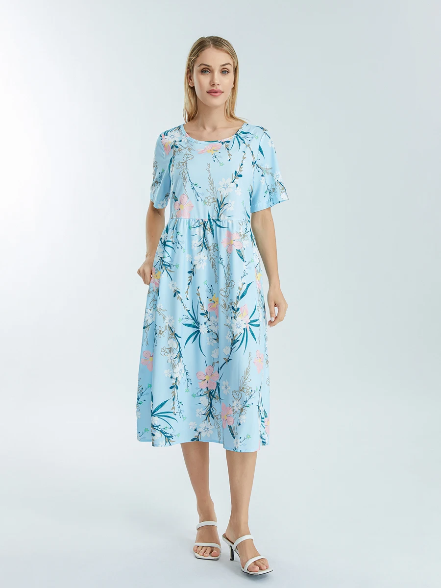 فستان نسائي طويل بطبعة زهور، فستان صيفي بوهو أنيق بأكمام قصيرة ورقبة دائرية مع جيوب