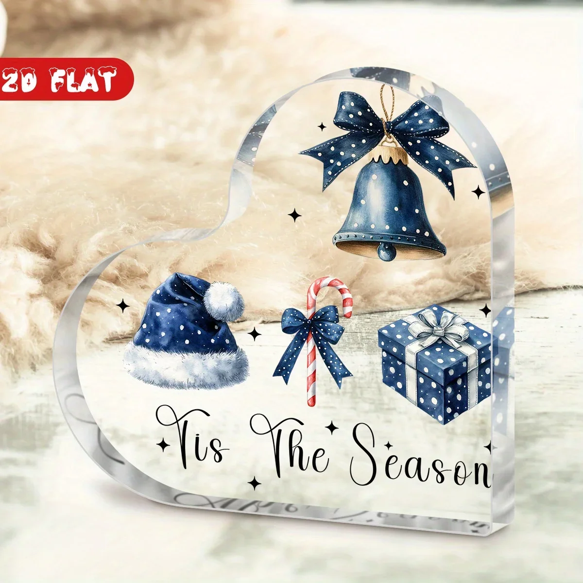 Tis The Season Blue Polka‑Dot Christmas Heart‑Shaped Acrylic Plaque, Winter Tabletop Decor