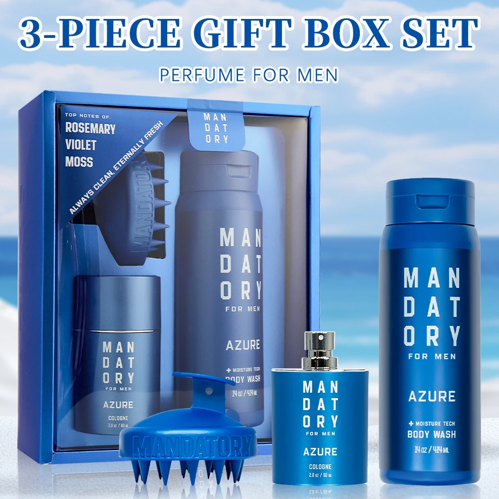 MANDATORY Men's Fragrance Set Gifts Cologne Spray 2.0 Oz Body Wash 14 Oz Shower Gel 1 Pc Hair Scalp Massager Brush 3pcs Gift Set