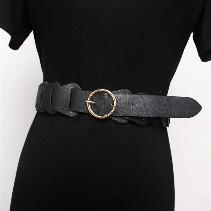 Ms waist sealing Belt Fashion Simple Style Round Buckle Leather Chain Splicing Decoration Skirt PU Layer 2 Women Belt