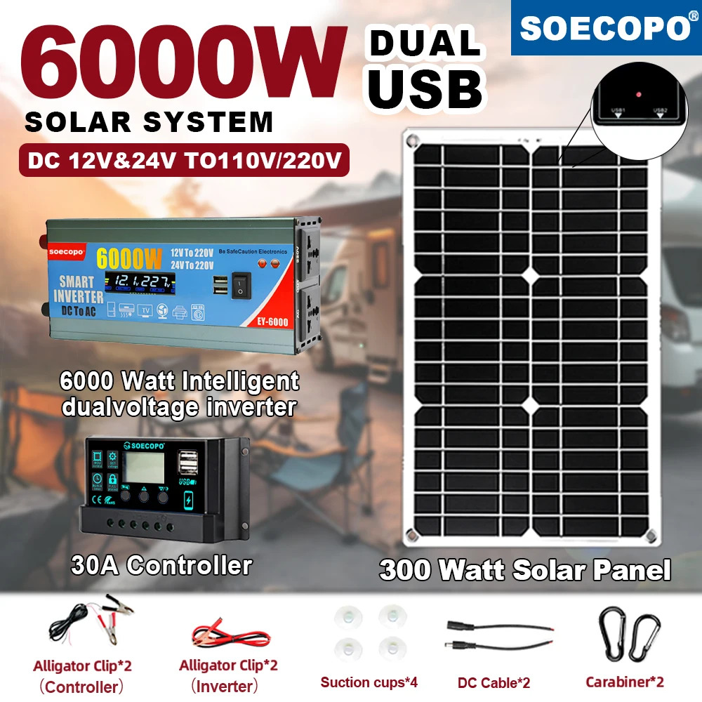 6000W Solar Kit Dual Voltage 6000W Inverter LCD DC 12V24V to AC 220V 300W Solar Panel 30A Controller for Home Camping RV Outdoor