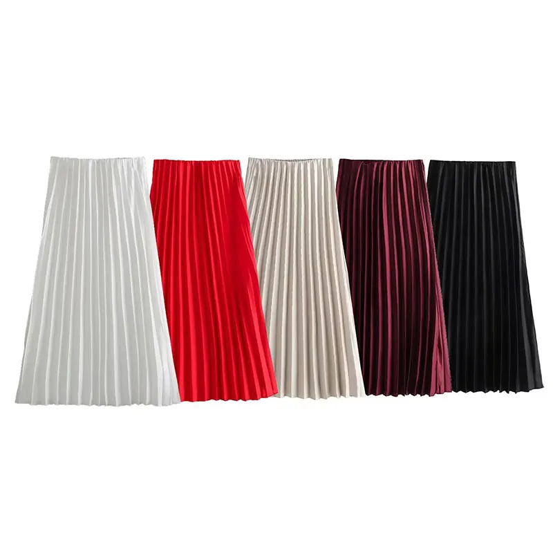 

High Waisted Midi Skirt For Lady Of Pleated Leisure Basics Slim Fashion Atmosphere Grace Style Solid Color Long Skirt