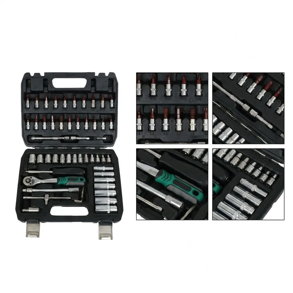 53 pcs 1/4 inch drive mechanic tool kit with 72 teeth ratchet sockets bits and molded storage compartment case