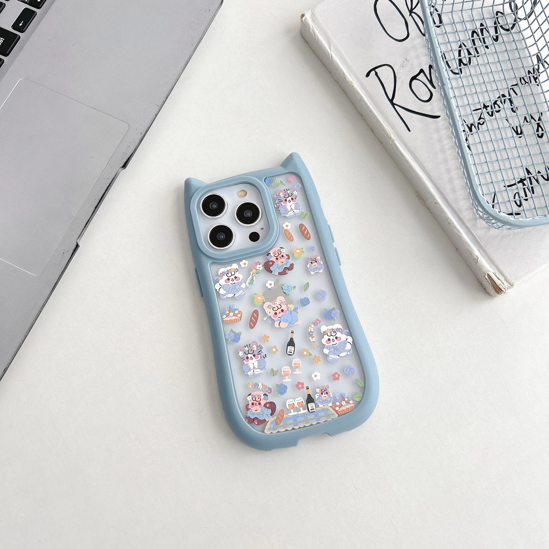 Korean Ins Blue 3D Cat Ears Picnic Bear Flowers Stickers Transparent Phone Case for iPhone 15 14 13 Pro Max 12 Pro 11 Back Cover