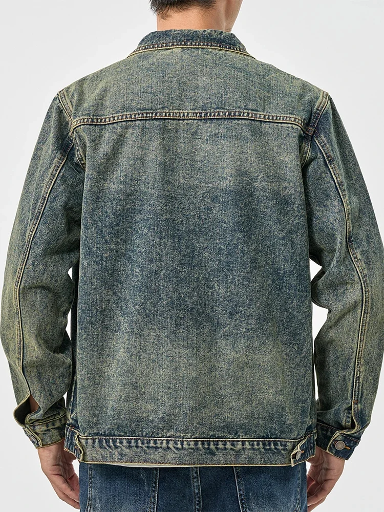 New high-end casual denim jacket men's high street tide vintage blue color collision pockets loose big size workwear tops