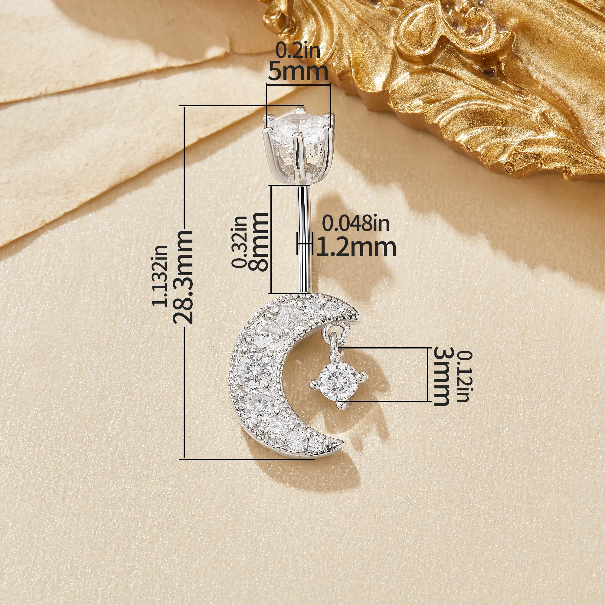 Moon Star White CZ Stone Solid 925 Sterling Silver Belly Button Ring Belly Piercing Navel Bar Curved Barbell Navel Ring 6710026