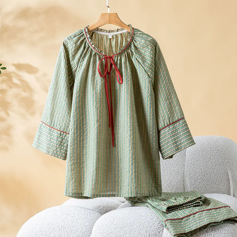 Spring 2026 New Cotton Pajamas for Women with Striped Long Sleeves Round Neck Pullover Casual Home Clothes Set