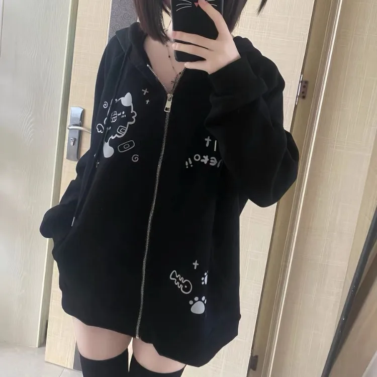 Harajuku Gray Cat Ears Hoodie Coat Women Autumn Winter New Mid-length Loose Sweatshirts Y2k Long Sleeve Zipper Tops Mujer