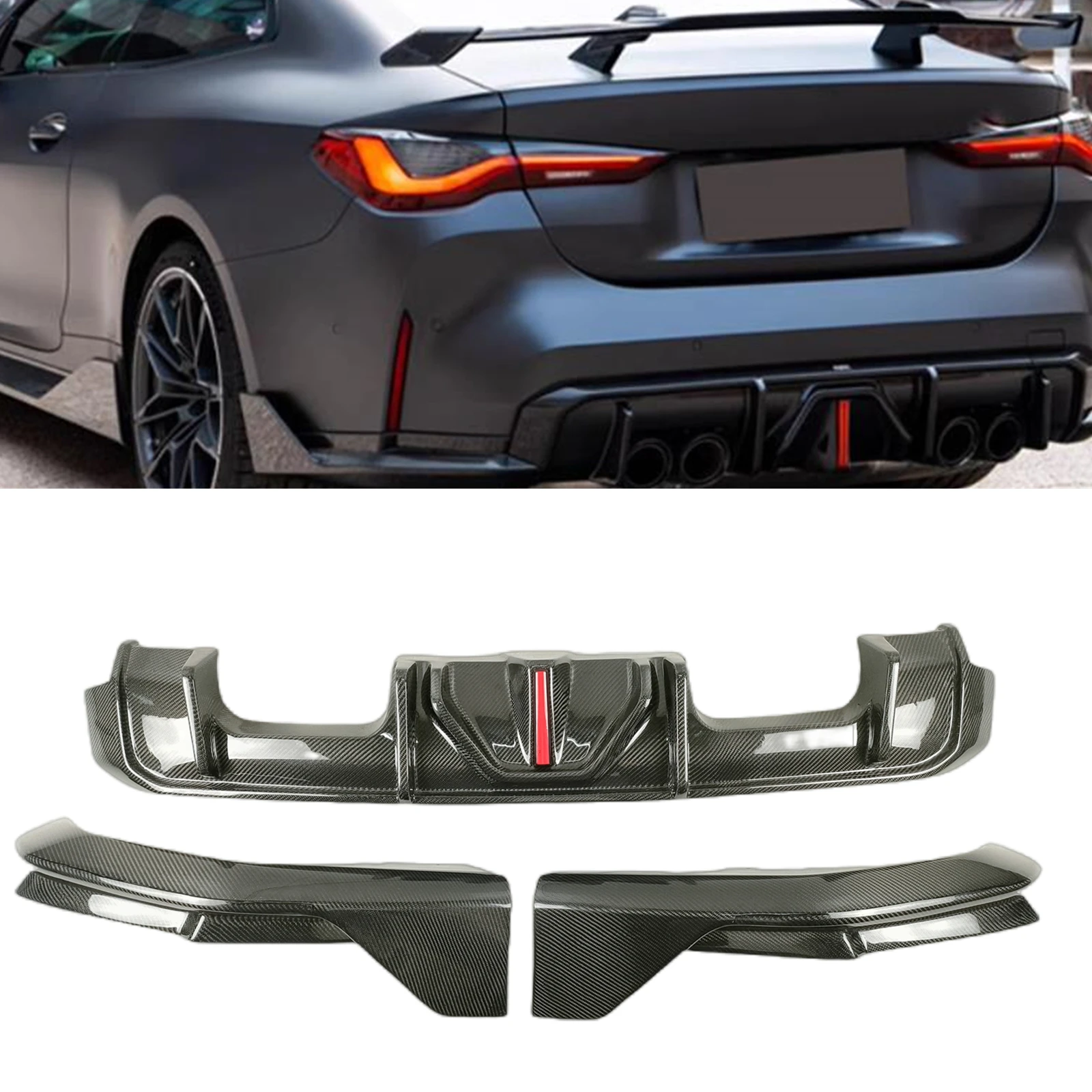 3PCS Carbon Fiber Rear Bumper Diffuser Splitter with LED Light For BMW G82 G83 M4 2021 2022 2023 2024 2025