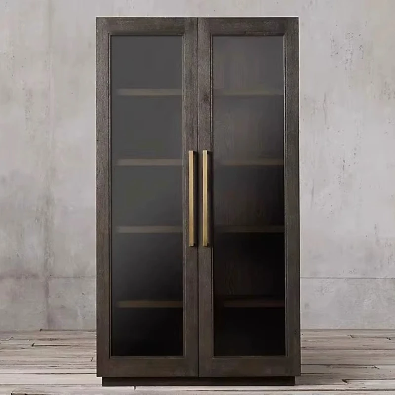 French country vintage distressed solid wood double door wardrobe American export RH high-end oak bookcase storage locker