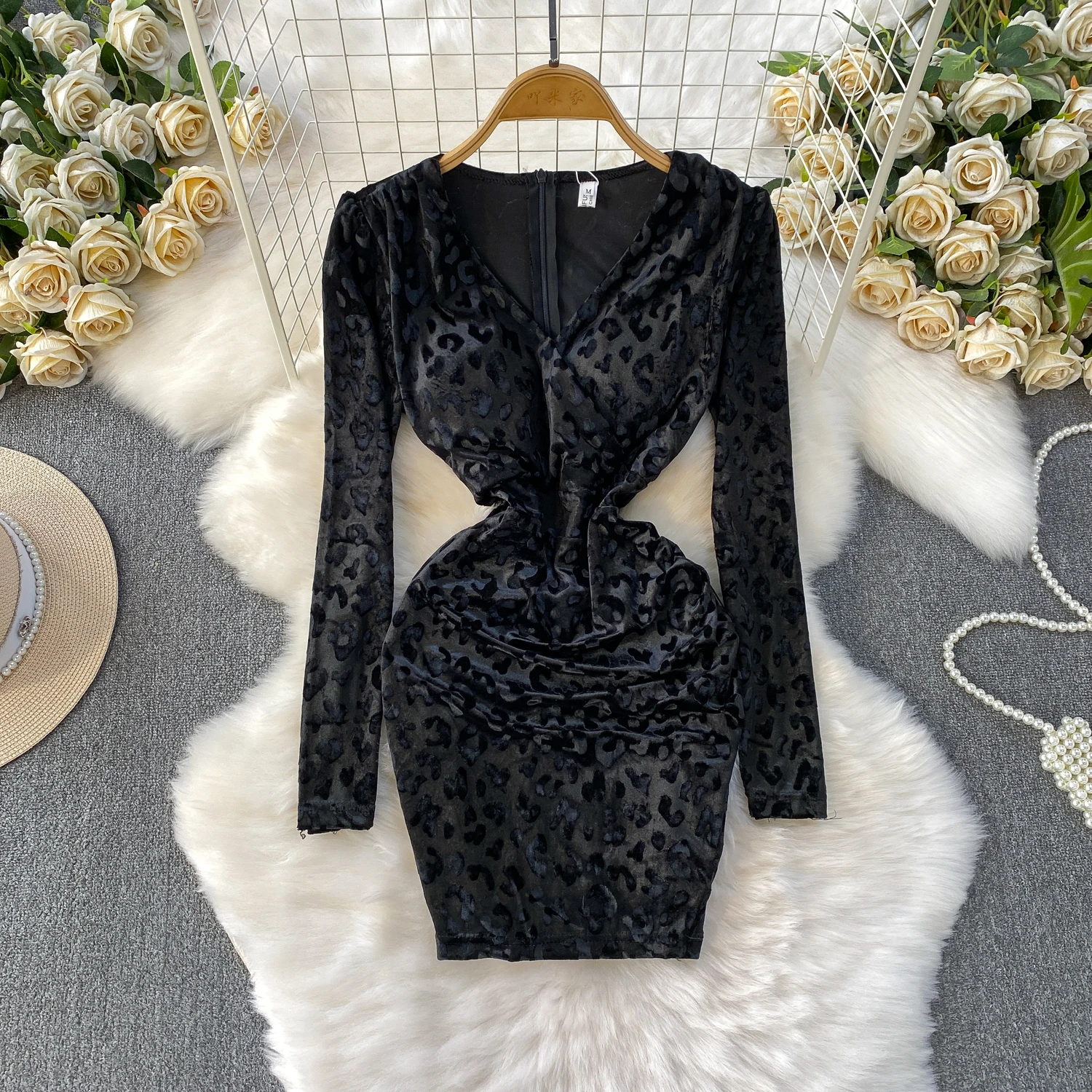 Chic vintage leopard velour dress Elegant Fairy korean fashion sundress autumn women clothing