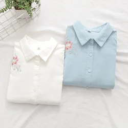 Literary Cotton Shirts For Women Embroidery Flowers Woman Blouses Long Sleeve Blouses Autumn Top Female Shirt