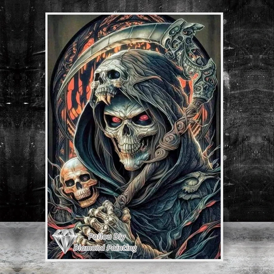 Halloween Horror Skull And Skeleton Diamond Painting Dark Art Gothic Death Grim Reaper 5d Diy Cross Stitch Mosaic Home Decor