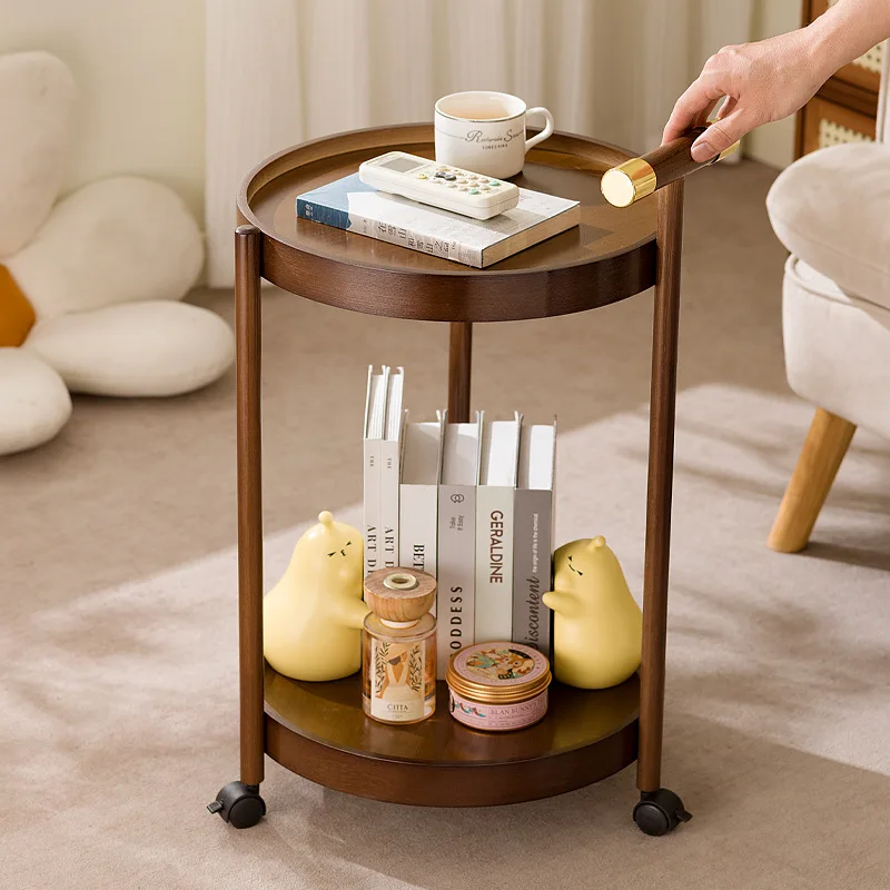 Solid wood mobile coffee table with wheels sofa side table bedside table living room snack