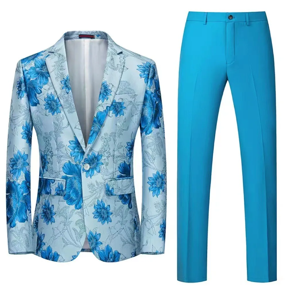 Men's fashionable and stylish patterned suit, personalized stage performance, banquet, business and casual two-piece suit set