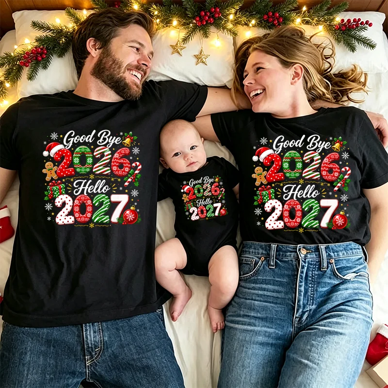 Family Matching Outfit Good Bye 2026 Hello 2027 Black T-shirt Mom Dad Baby Matching Tees New Year Eve Party Family Clothes
