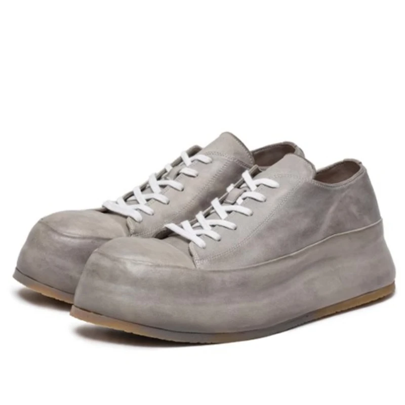 Washed Horse Leather Shoes for Men's Women's Low-top White Casual Board Shoes Comfortable Breathable Thick Soled Couple Sneakers