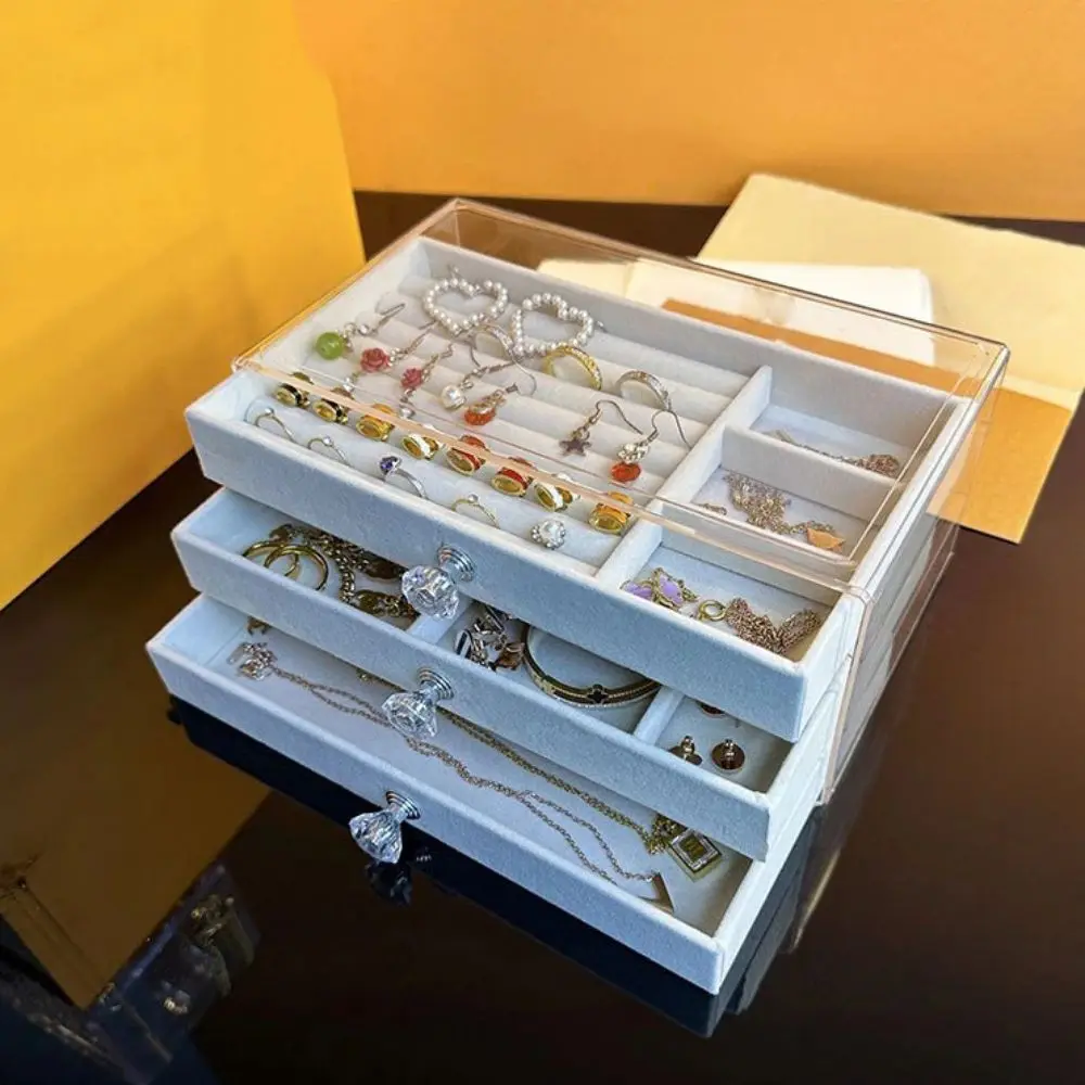 

3-Tier Jewelry Storage Box Dust-proof Transparent Three Drawer Jewelry Box Plastic Square Flannel Jewelry Box Home