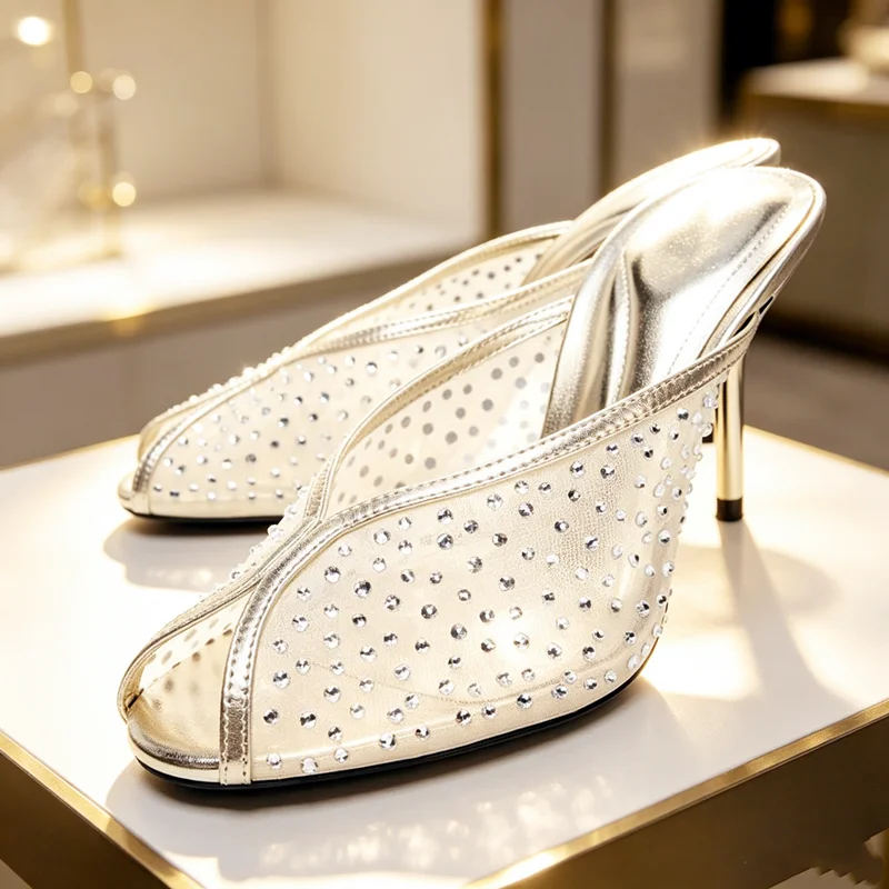 

Mesh Rhinestone Detail Mules Sandals Women Sexy Peep Toe High Heel Slippers for Ladies Elegant High Heels Luxury Designer Shoes