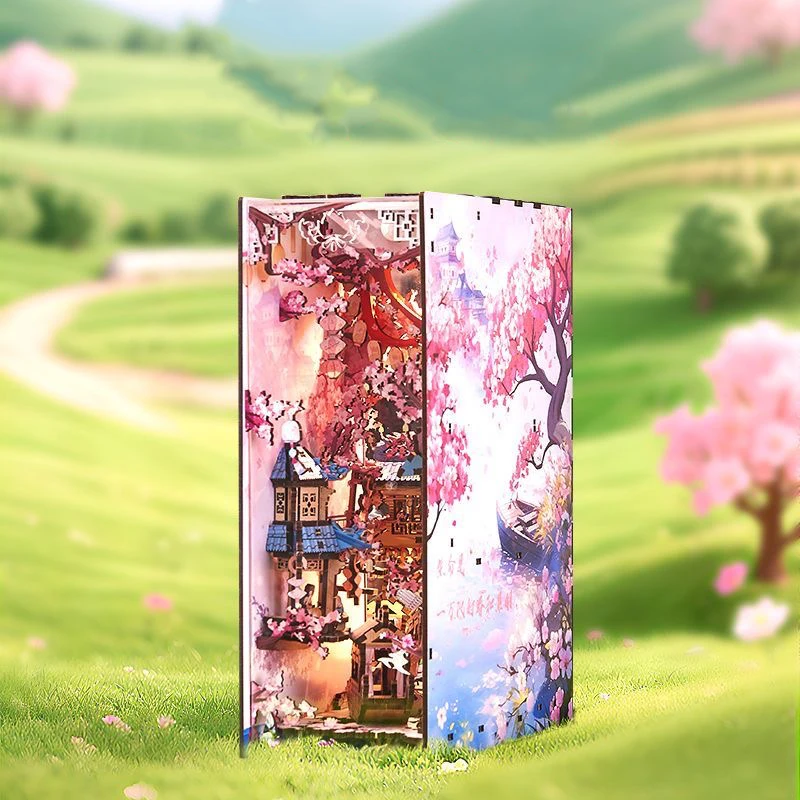 DIY Holz Buchecke Regal Einsatz Kit Frühling Kirschblüte Buchstütze Miniatur Modell Kits Bücherregal für Freunde Geburtstagsgeschenke
