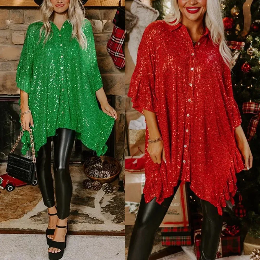 

Women's S-XL Size European and American autumn and winter new Christmas mid sleeved sequin shirt INS party loose casual
